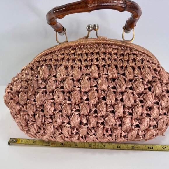 Vintage Pink Raffia Woven Handbag w/ Bamboo Handle Made in Italy - Picture 11 of 14